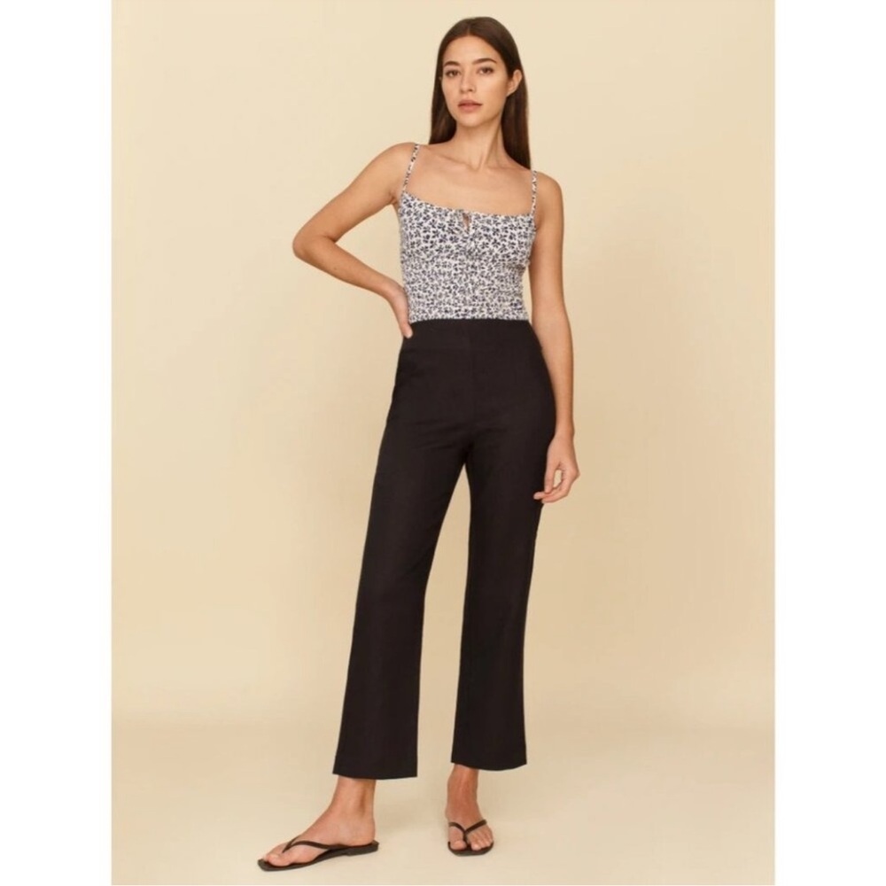 Reformation Justin Linen Straight-Leg Pants Black 8